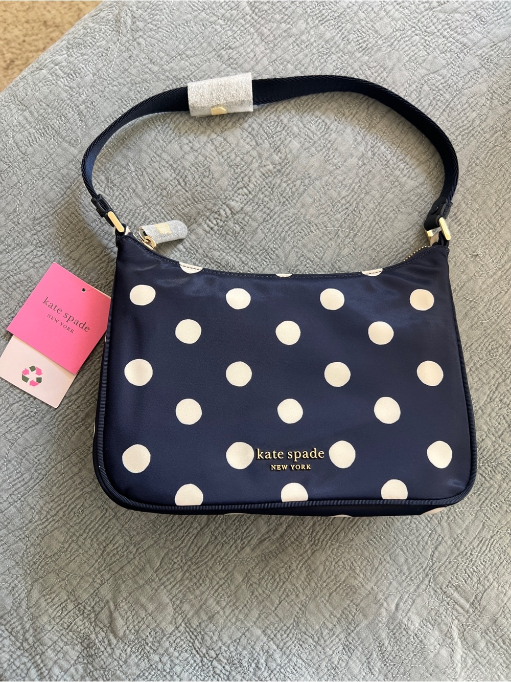 kate spade Navy and White Polka Dot Shoulder Bag with Gold Logo